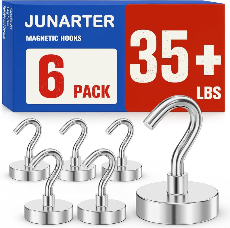 Junarter 6Pack Strong Magnetic Hooks, 35lbs Magnet Hooks Heavy Duty, Metal Magnetic Hooks for Cruise Cabins, Magnet with Hooks, Magnetic Hook for Hanging, Refrigerator, Garage, Outdoor - Image 1